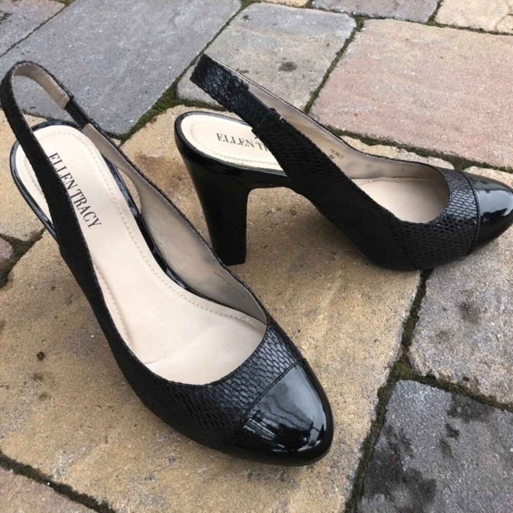 Ellen Tracy Patrice Black Patent & Reptile Faux Leather Sling Back Size 8